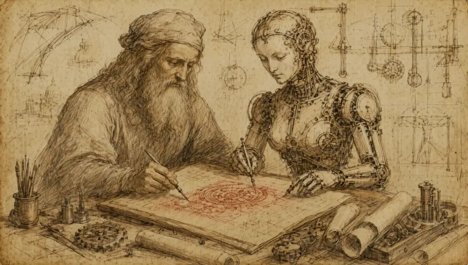A Renaissance workshop sketch of a craftsman and an elegant automaton working side by side at the same bench, cream parchment and sepia ink with a single red accent