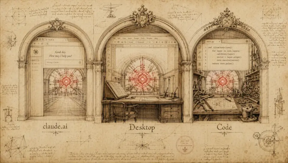 A Renaissance codex sketch of three ornate doors — a browser window, a desk, and an engineering workbench — each leading into the same central mechanism