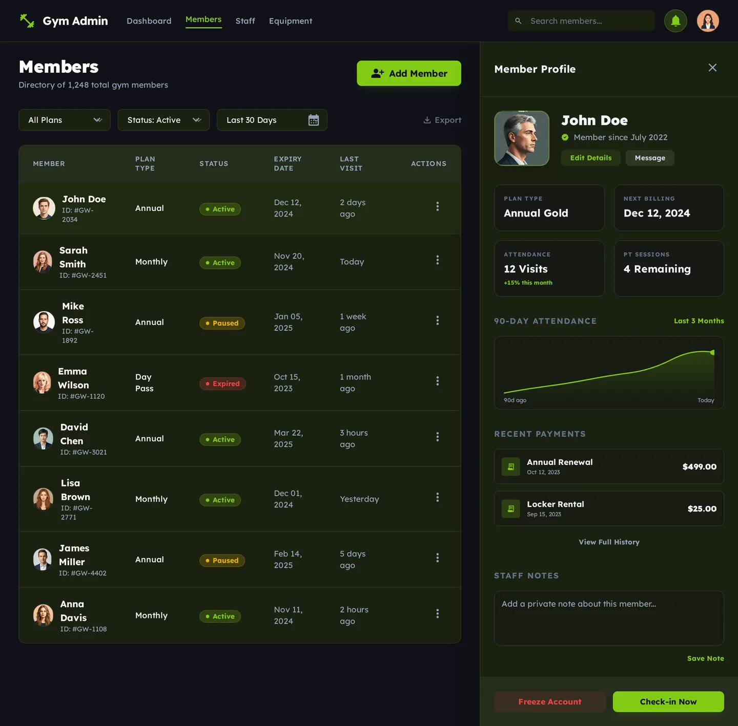 Gym OS — Member Management module interface