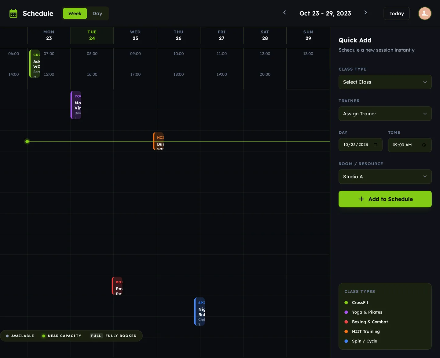 Gym OS — Class Schedule module interface