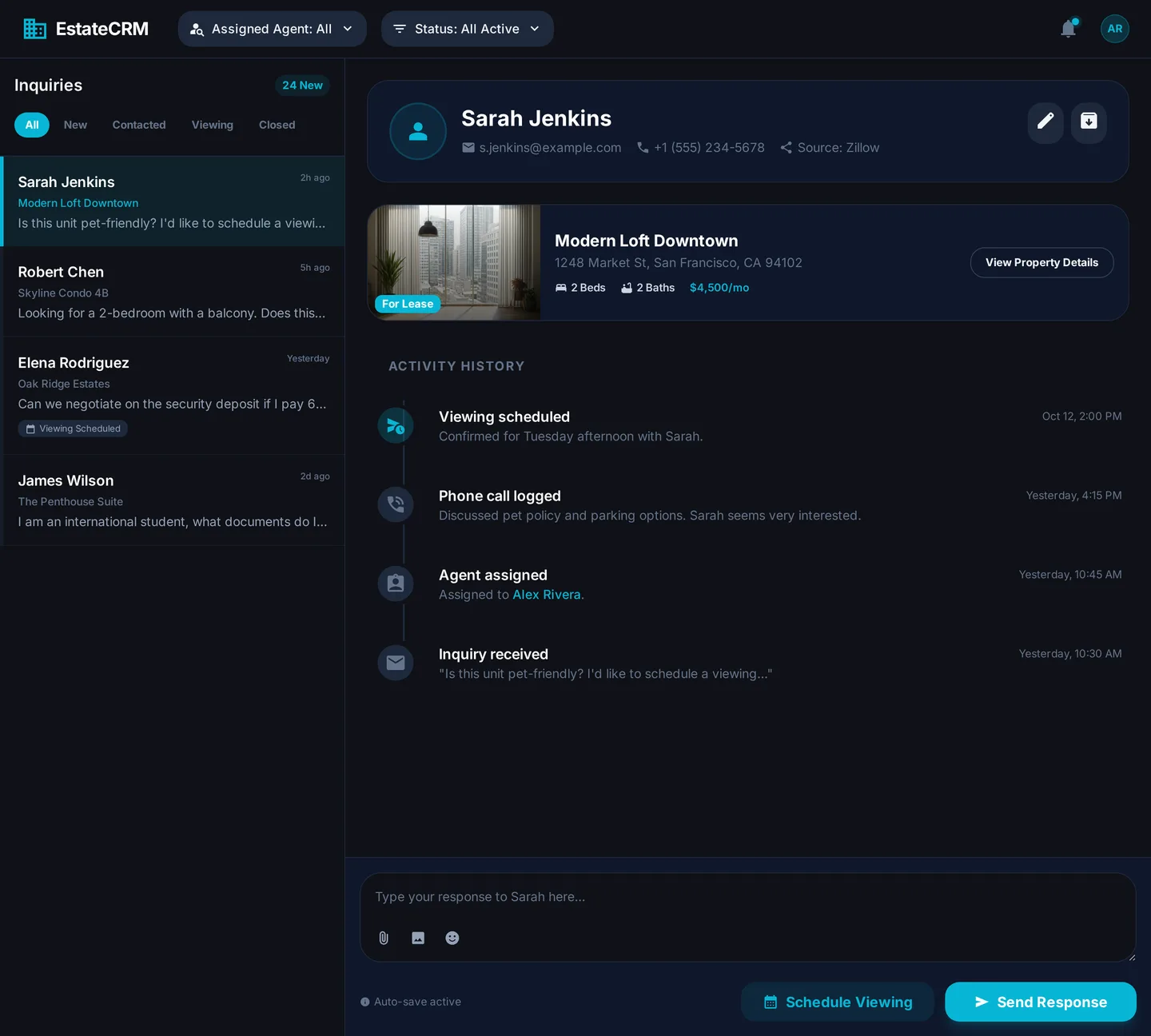 Real Estate OS — Inquiries & CRM module interface