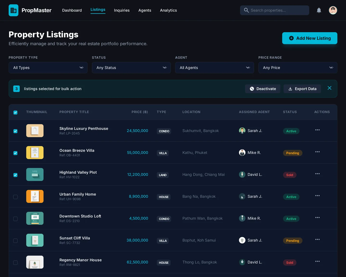 Real Estate OS — Listings Management module interface