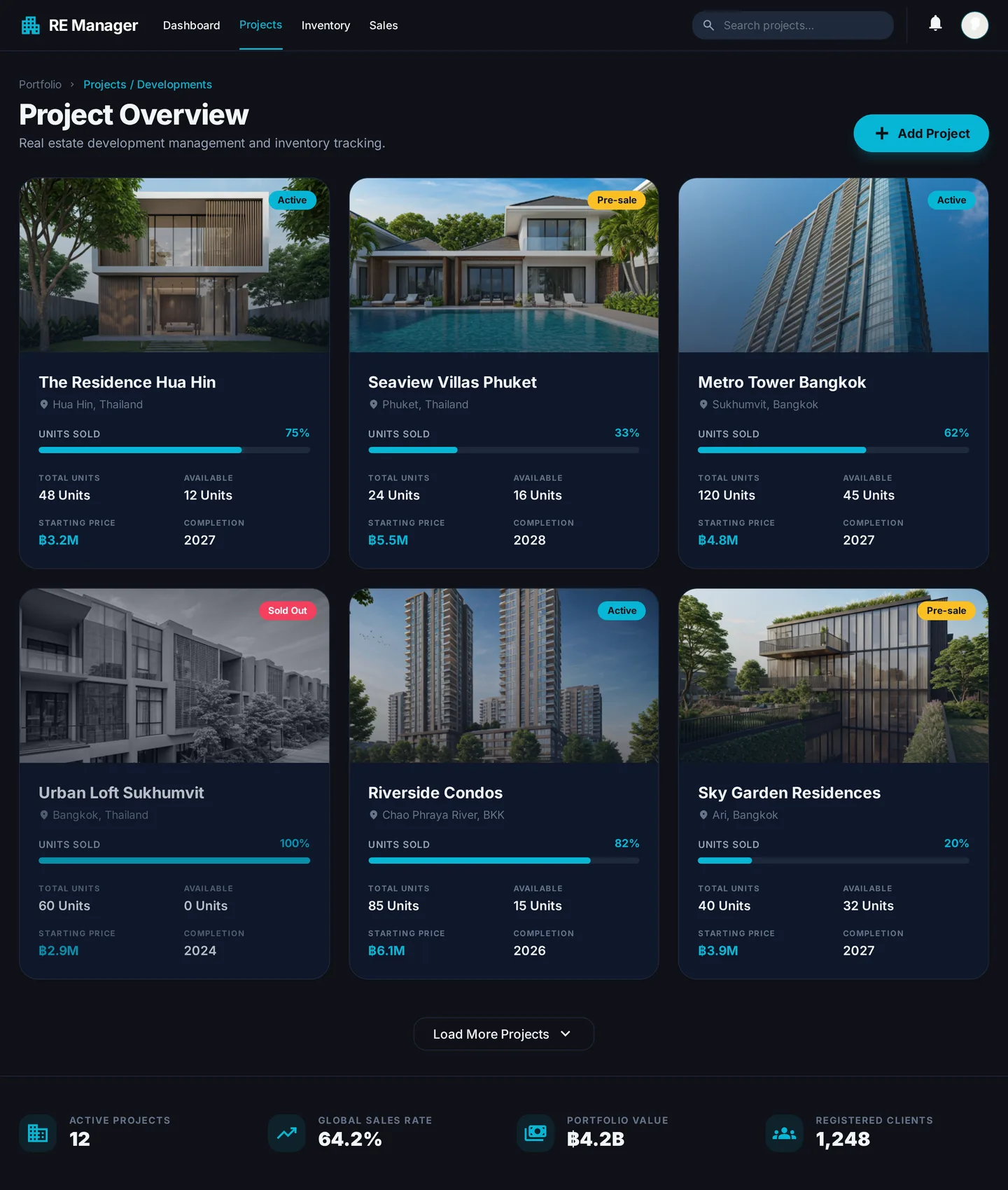 Real Estate OS — Projects & Developments module interface