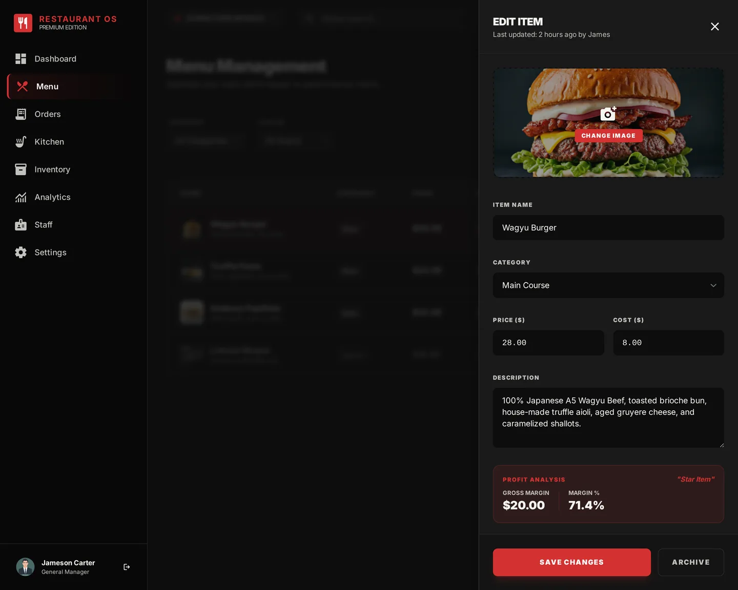 Restaurant OS — Menu Management module interface