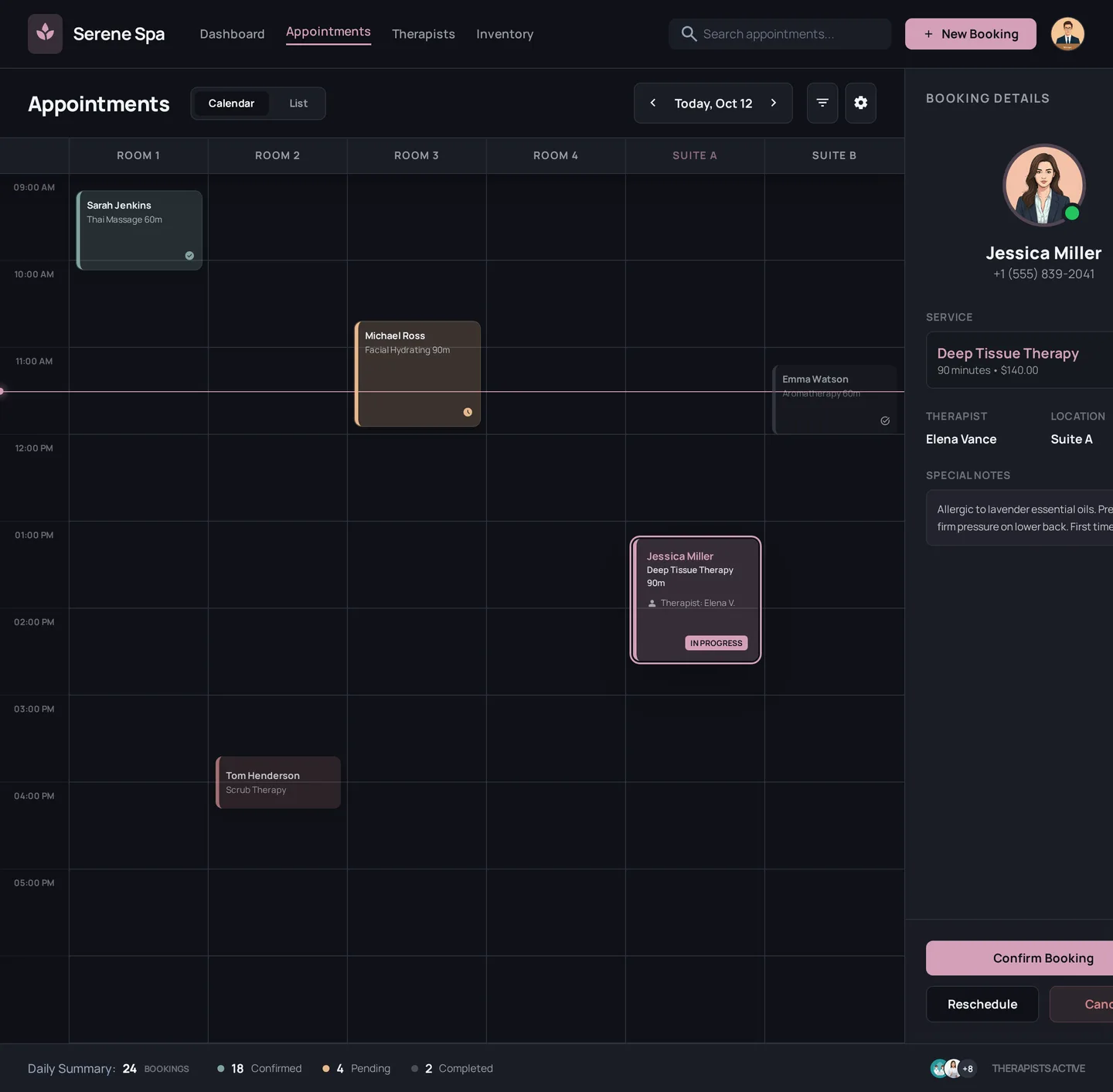 Spa & Wellness OS — Appointment Management module interface